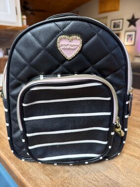 Betsey Johnson Black Quilted Mini Backpack with Striped Front Pocket w/Pink Trim